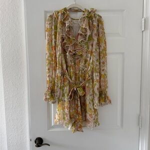 Zimmermann Cream Floral Ruffle Romper with Pink, Mustard, and Sage Accents